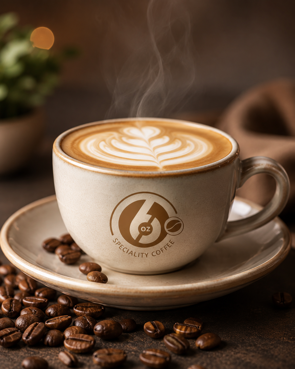 6oz branded cappuccino cup with latte art and roasted coffee beans